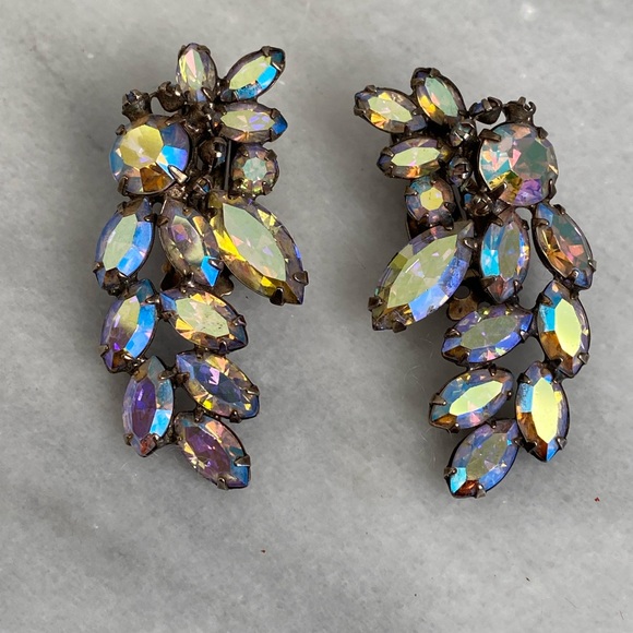 Vintage Clip on Earrings - AB crystals - Picture 1 of 7